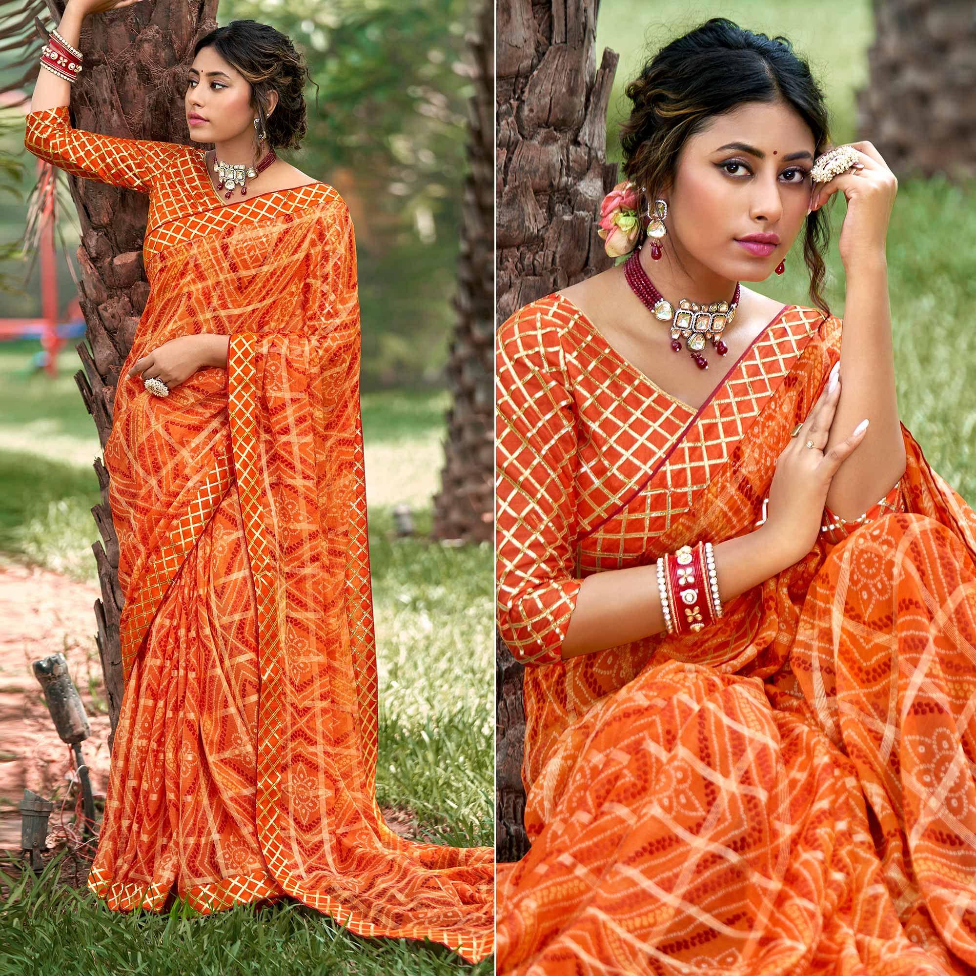Orange Bandhani Printed-Checks Weaving Chiffon Saree - Peachmode