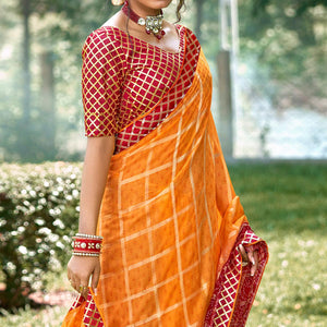 Orange Bandhani Printed-Checks Weaving Chiffon Saree - Peachmode