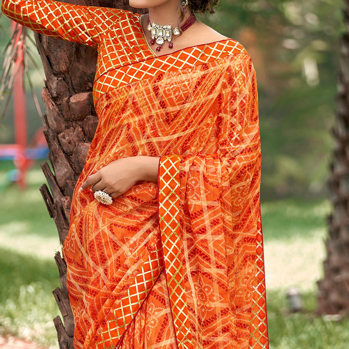 Orange Bandhani Printed-Checks Weaving Chiffon Saree - Peachmode