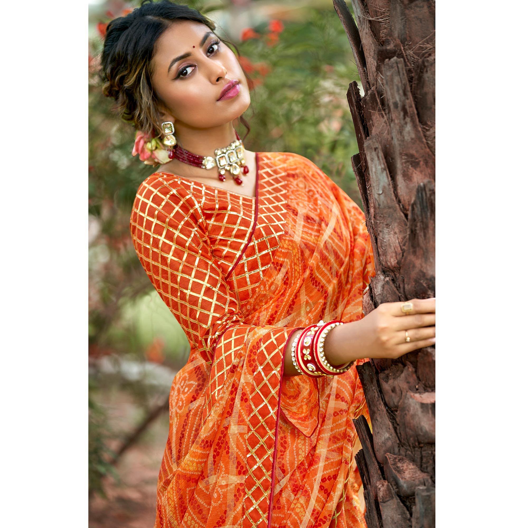 Orange Bandhani Printed-Checks Weaving Chiffon Saree - Peachmode