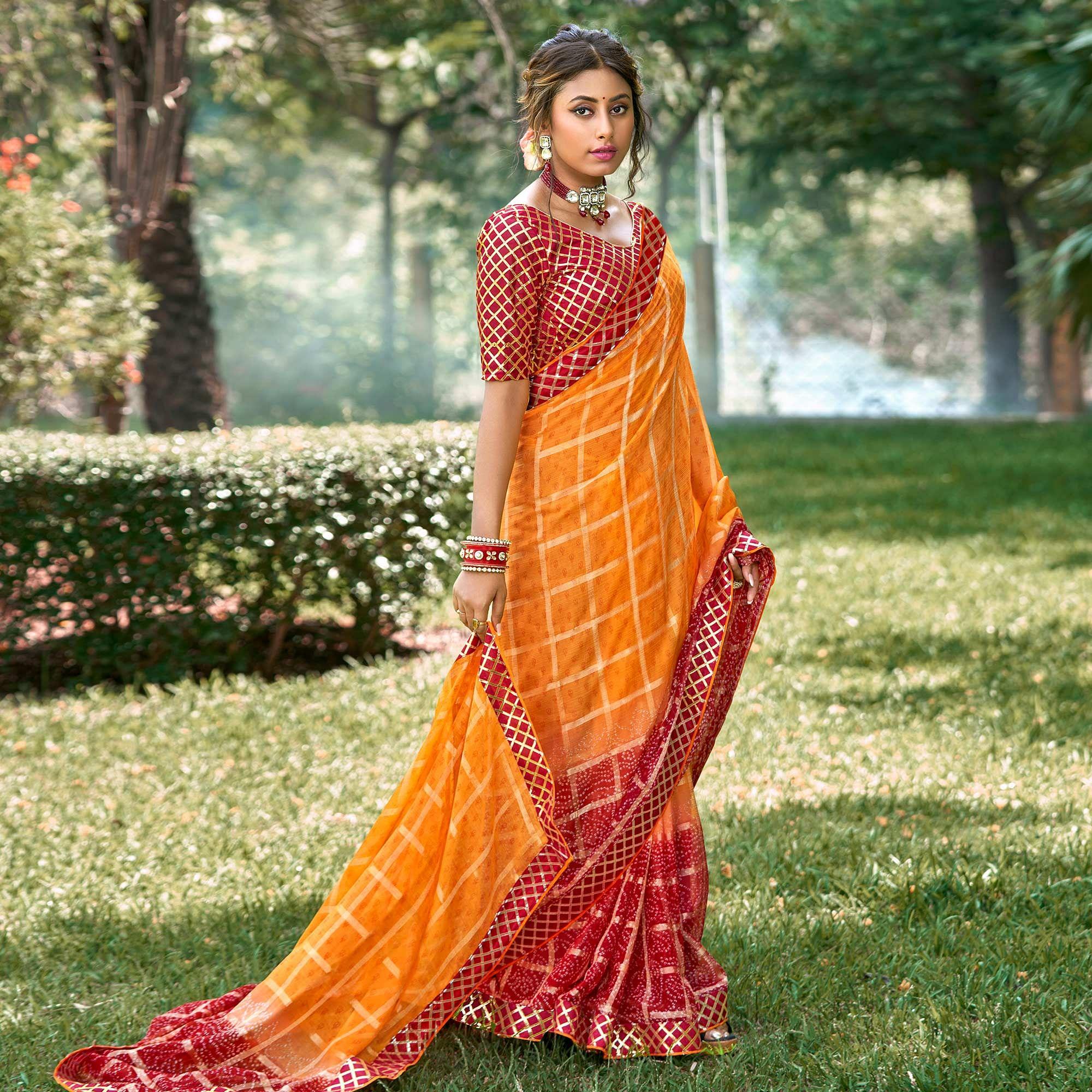 Orange Bandhani Printed-Checks Weaving Chiffon Saree - Peachmode