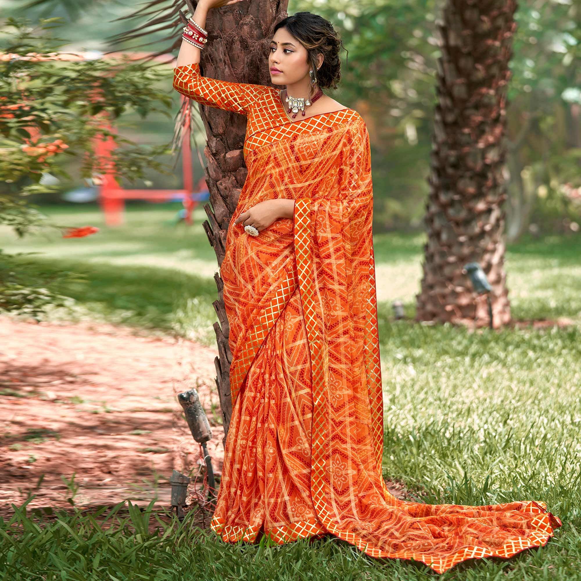 Orange Bandhani Printed-Checks Weaving Chiffon Saree - Peachmode