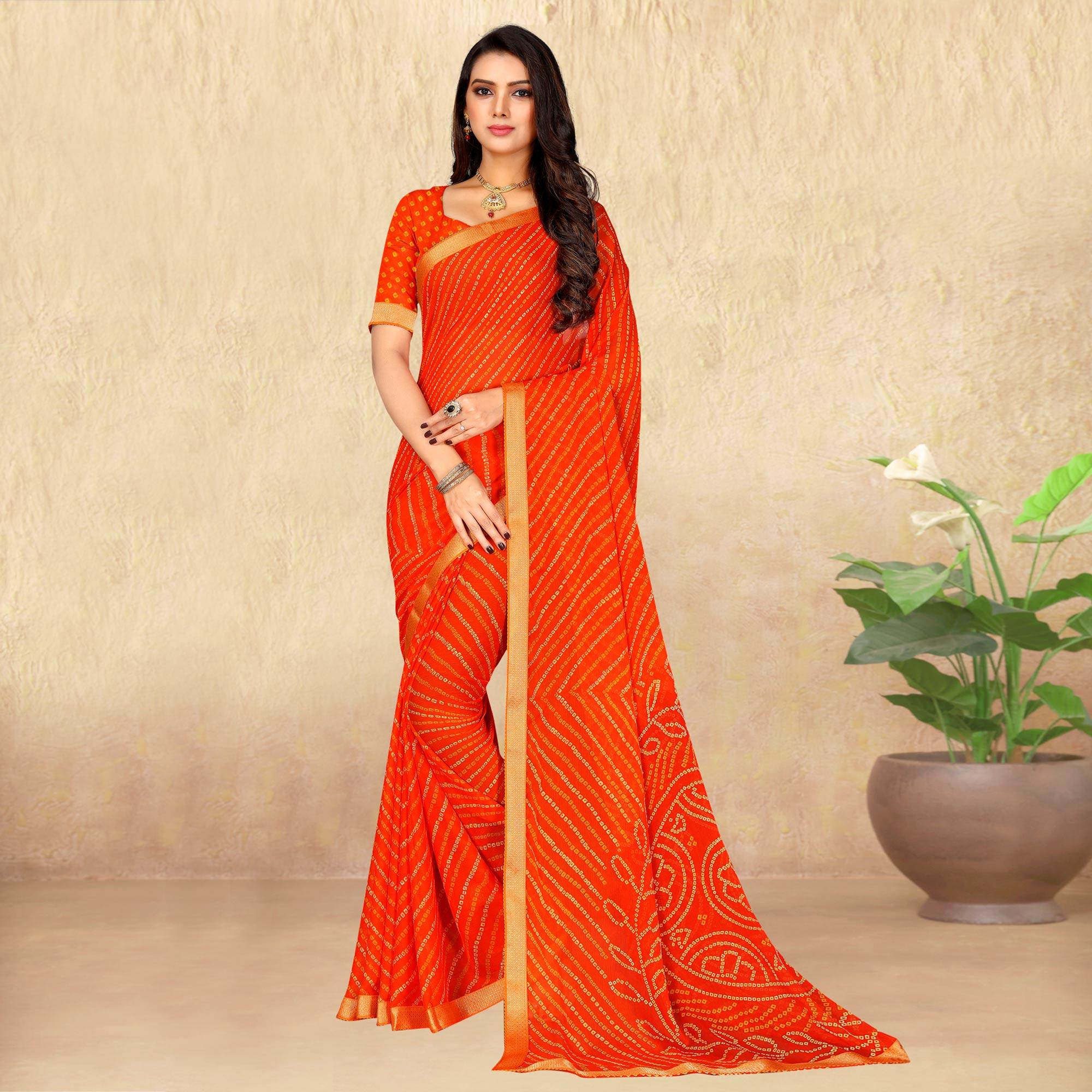 Orange Bandhani Printed Chiffon Saree - Peachmode