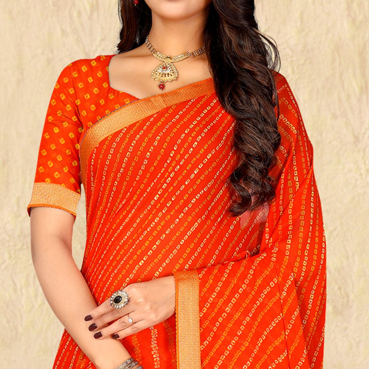Orange Bandhani Printed Chiffon Saree - Peachmode