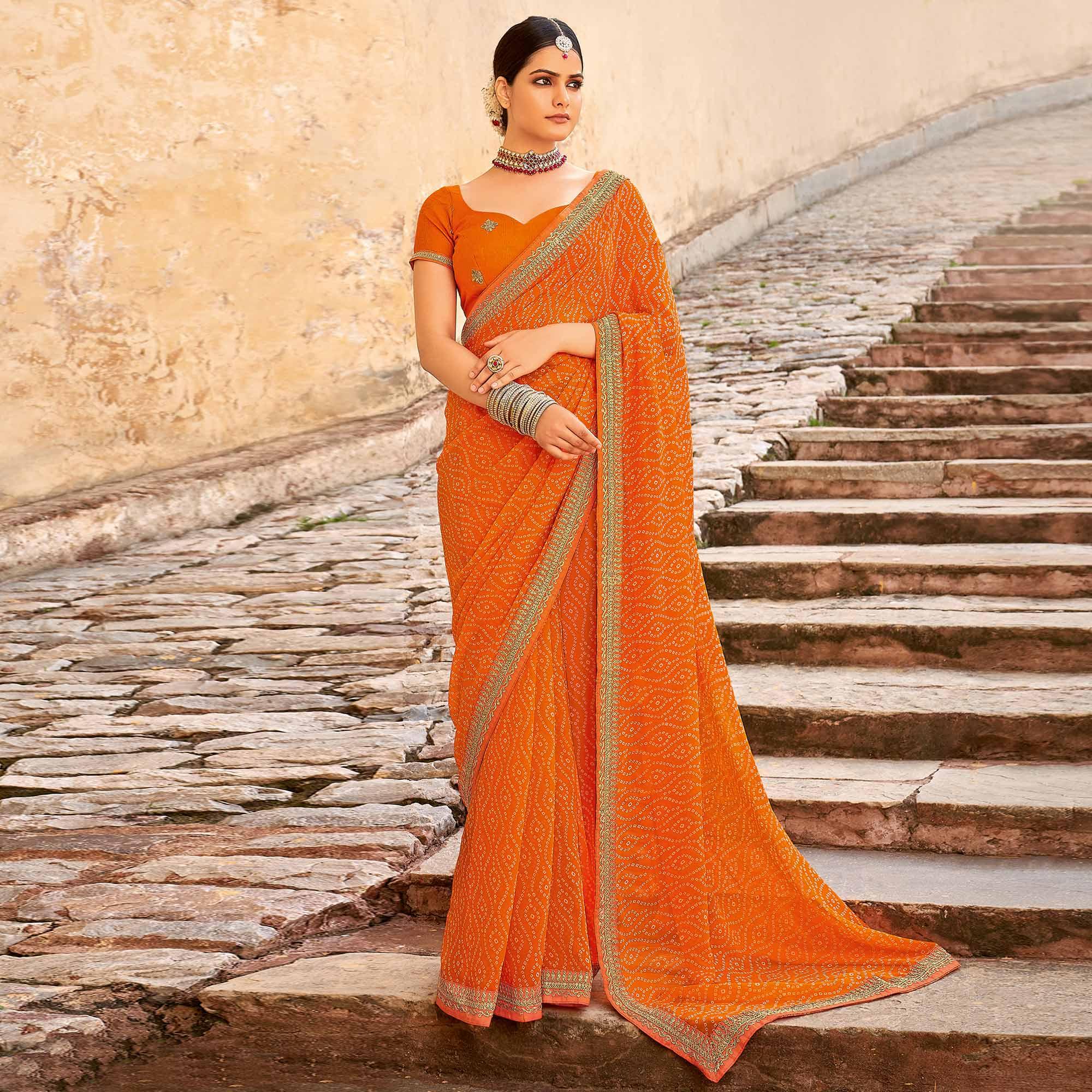 Orange Bandhani Printed Georgette Saree - Peachmode