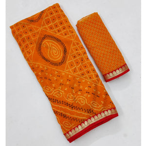 Orange Bandhani Printed Georgette Saree With Fancy Border - Peachmode