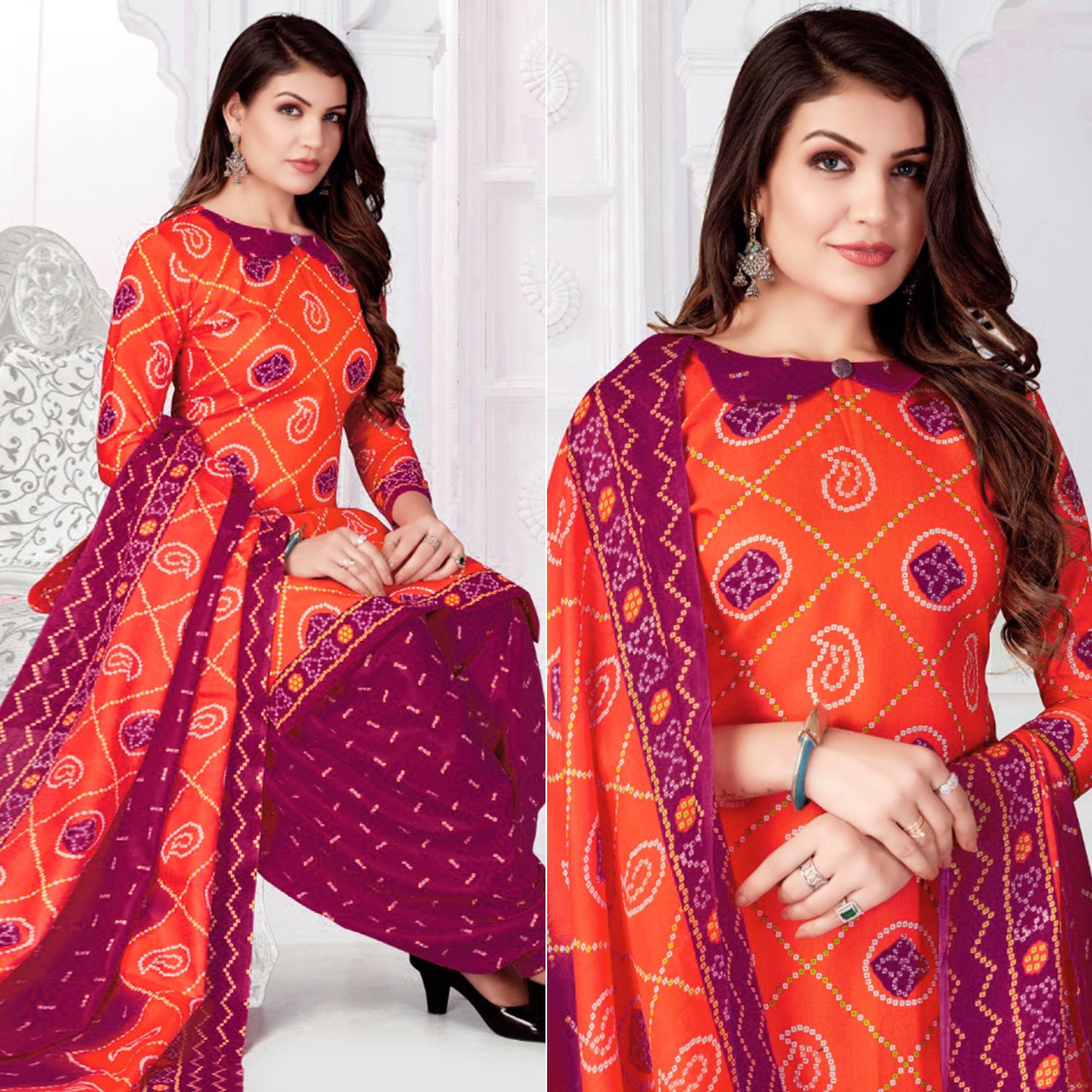 Orange Bandhani Printed Poly Cotton Patiala Dress Material - Peachmode