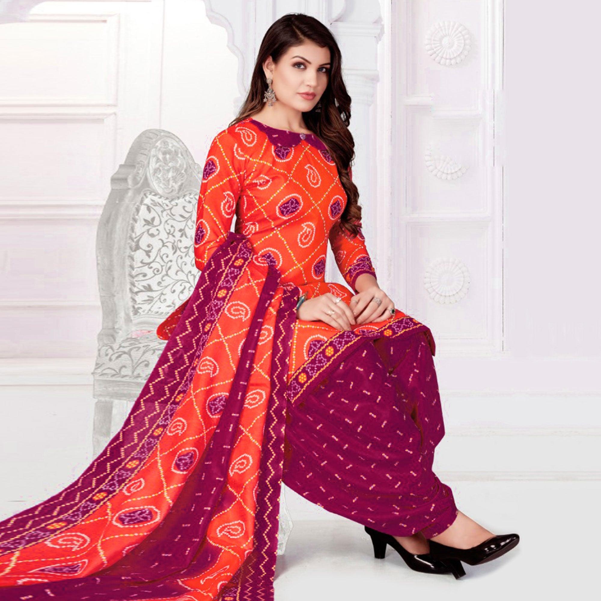 Orange Bandhani Printed Poly Cotton Patiala Dress Material - Peachmode