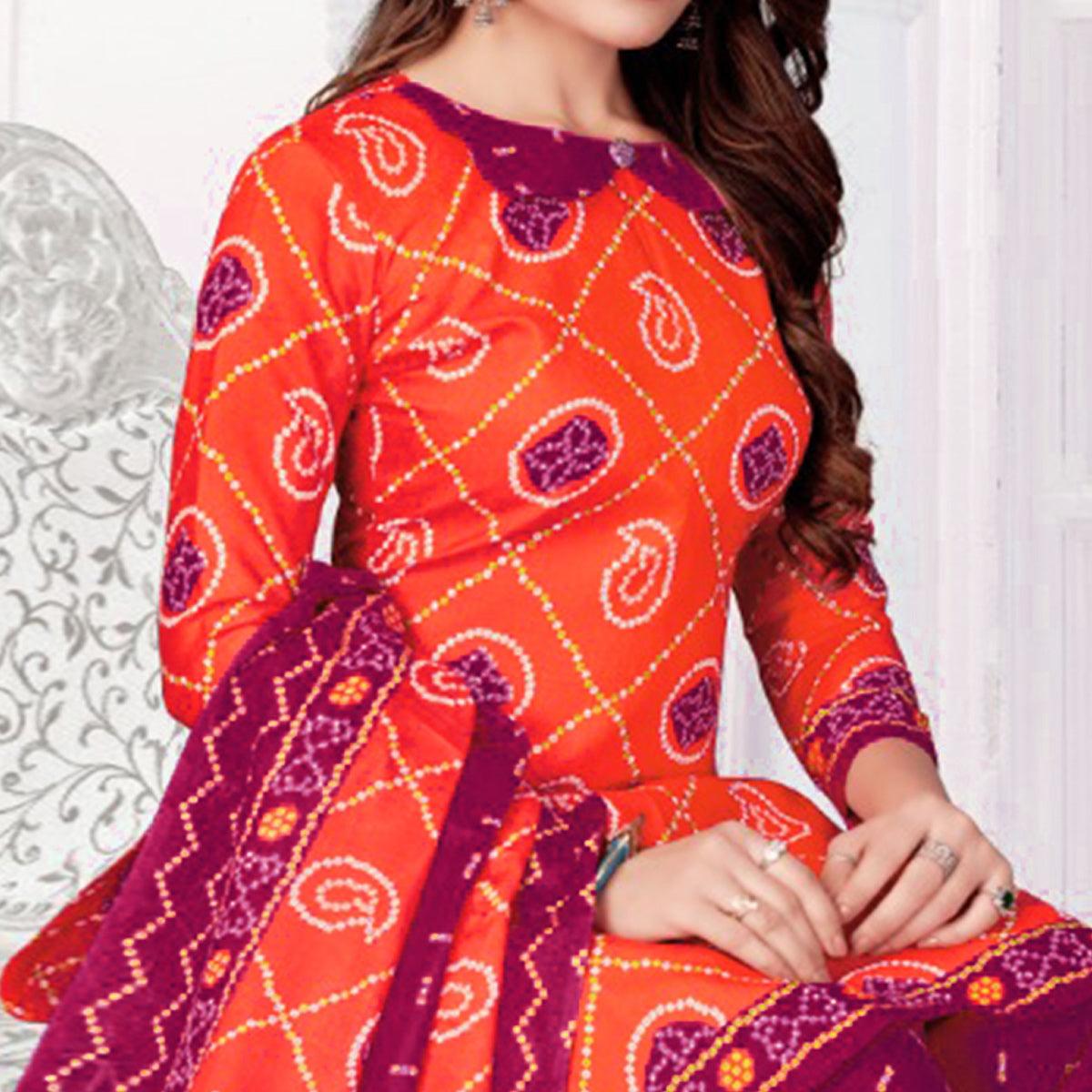 Orange Bandhani Printed Poly Cotton Patiala Dress Material - Peachmode