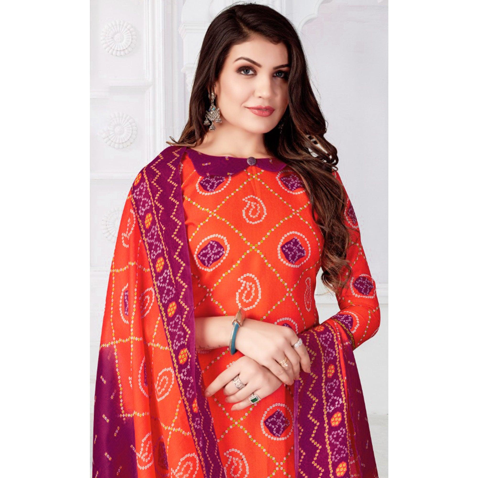 Orange Bandhani Printed Poly Cotton Patiala Dress Material - Peachmode