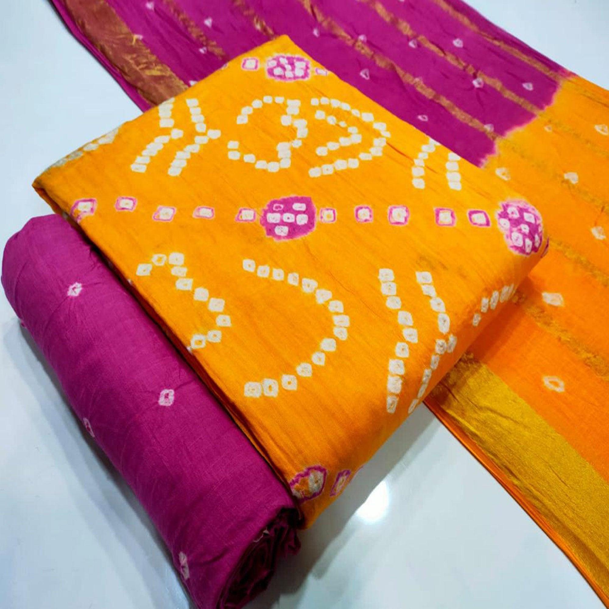 Orange Bandhani Printed Pure Cotton Dress Material - Peachmode