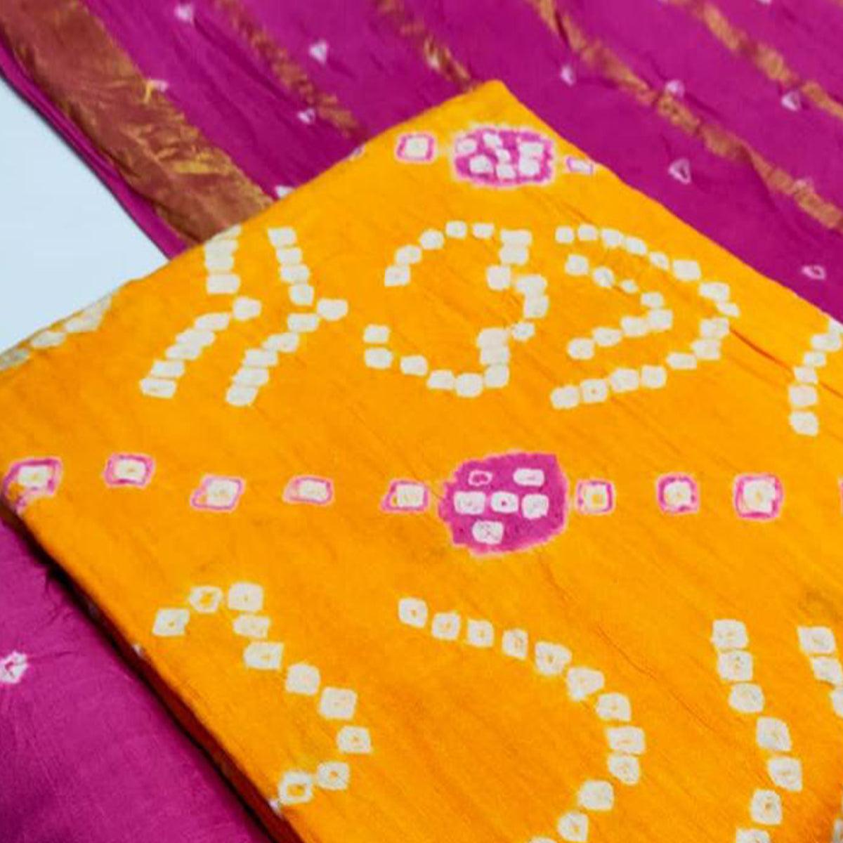 Orange Bandhani Printed Pure Cotton Dress Material - Peachmode