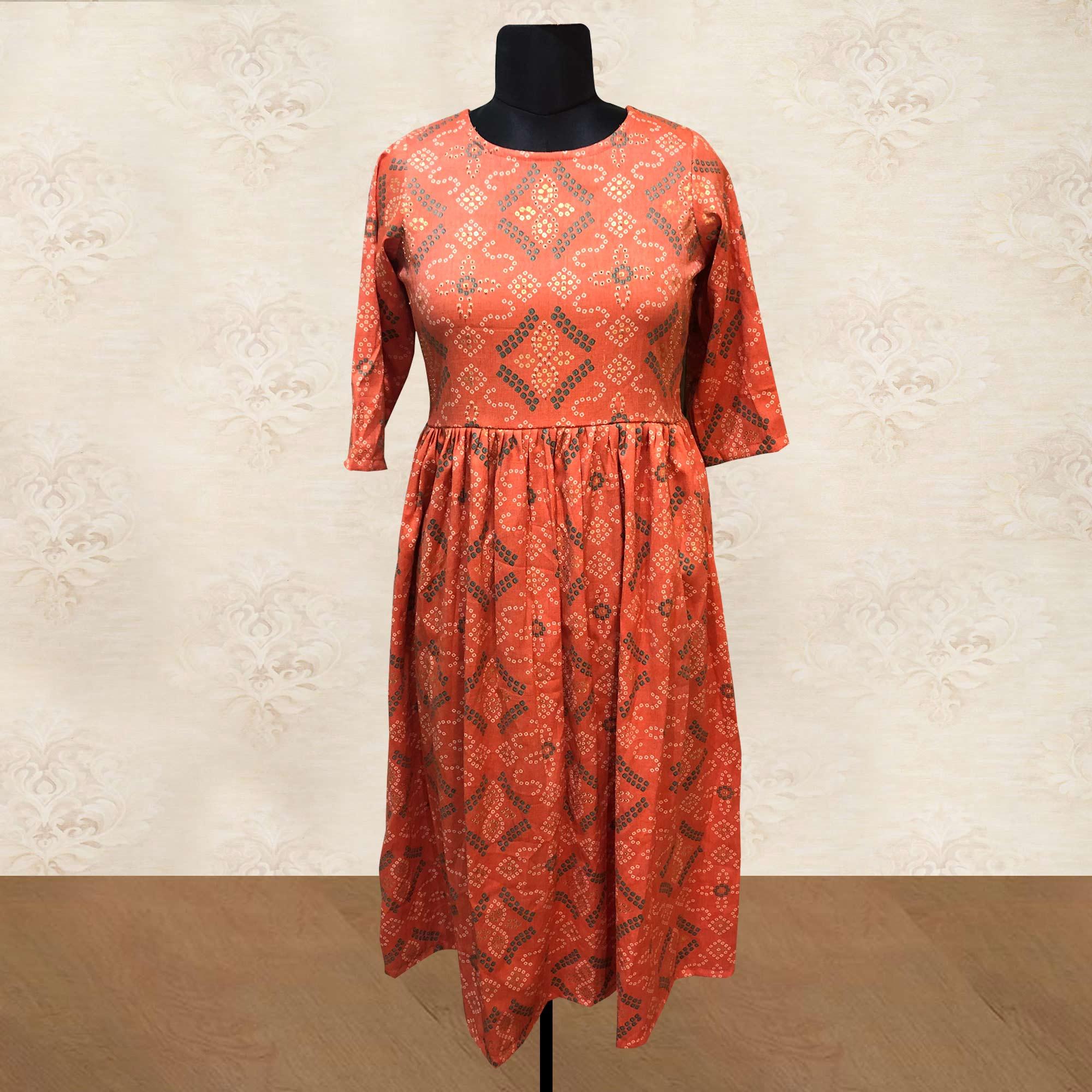 Orange Bandhani Printed Pure Cotton Kurti - Peachmode