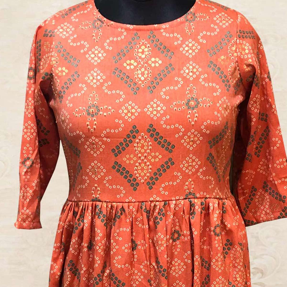 Orange Bandhani Printed Pure Cotton Kurti - Peachmode