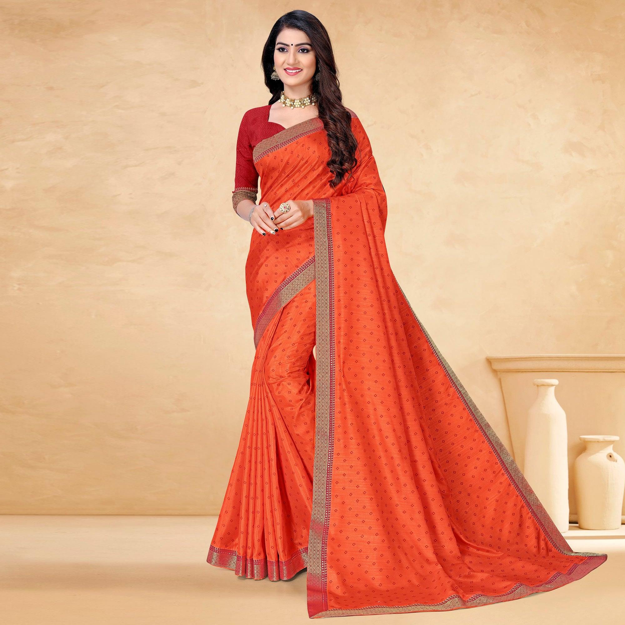 Orange Bandhani Printed Vichitra Silk Saree - Peachmode