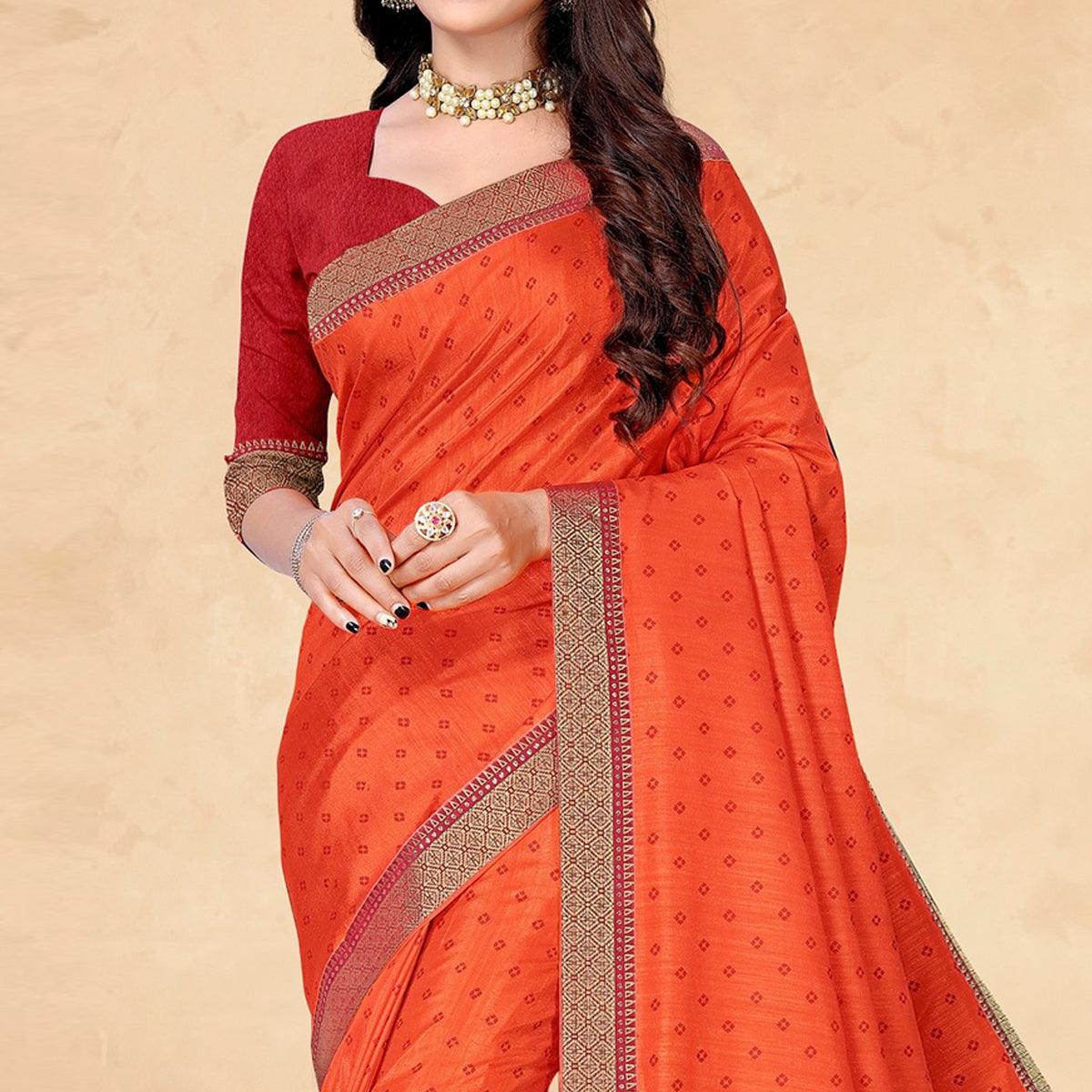 Orange Bandhani Printed Vichitra Silk Saree - Peachmode