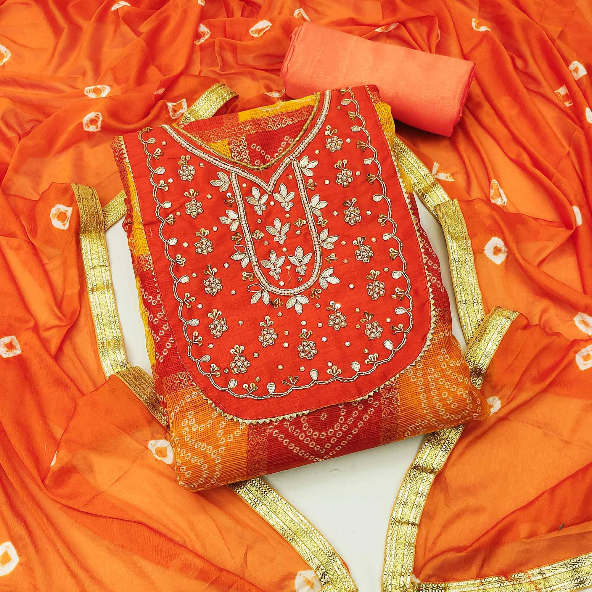 Orange Bandhani Printed With Embellished Khaadi Dress Material - Peachmode