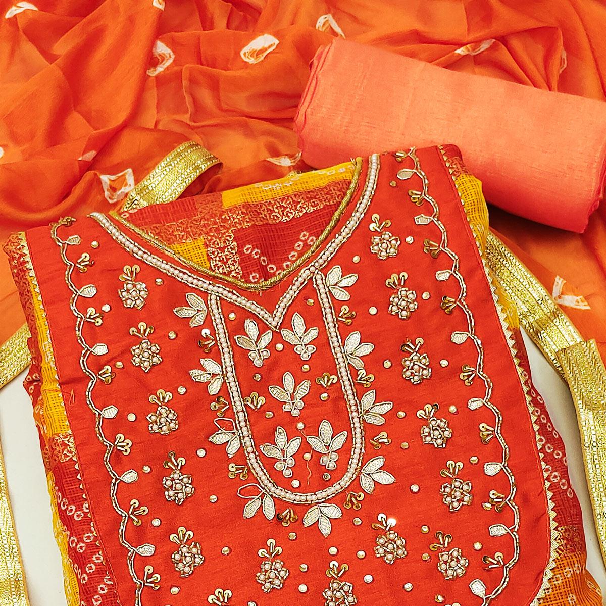 Orange Bandhani Printed With Embellished Khaadi Dress Material - Peachmode