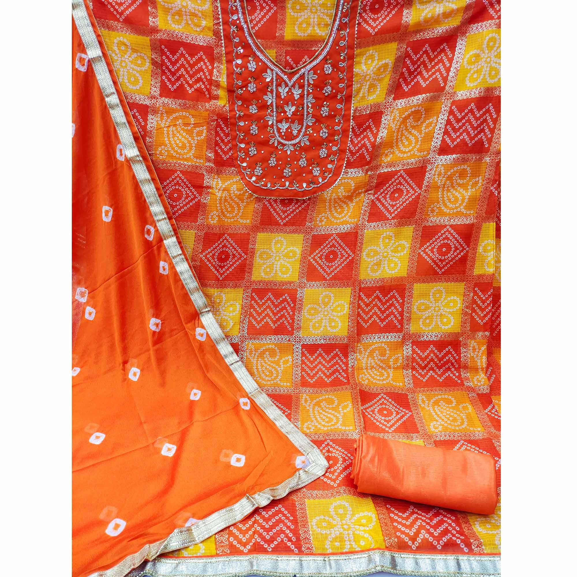 Orange Bandhani Printed With Embellished Khaadi Dress Material - Peachmode