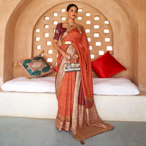 Orange Bandhani Printed With Woven Border Art Silk Saree - Peachmode