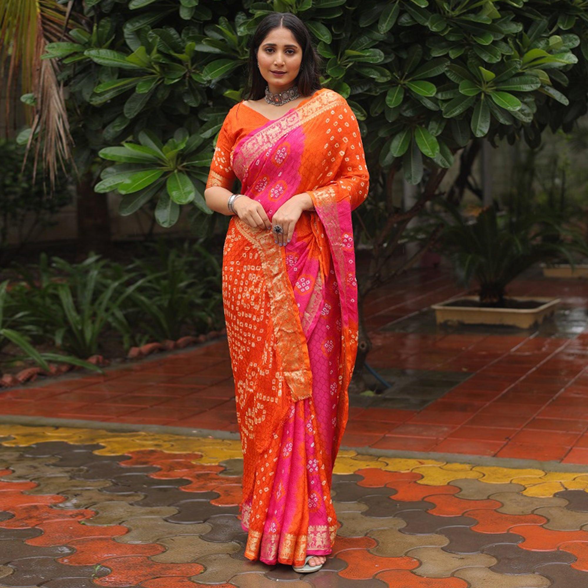 Orange Bandhani Printed With Woven Border Art Silk Saree - Peachmode