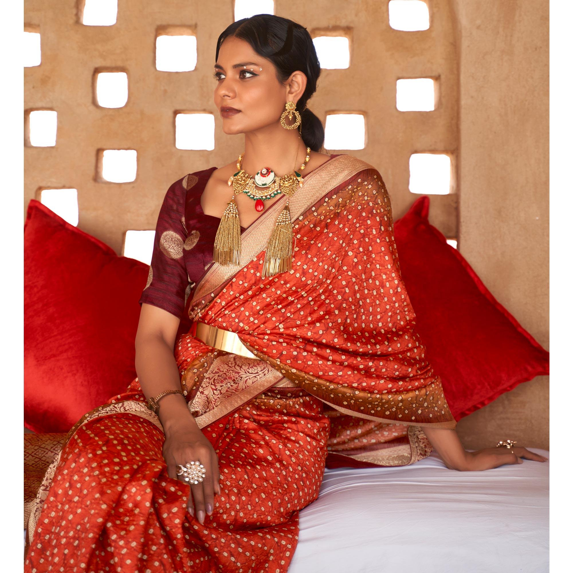 Orange Bandhani Printed With Woven Border Art Silk Saree - Peachmode