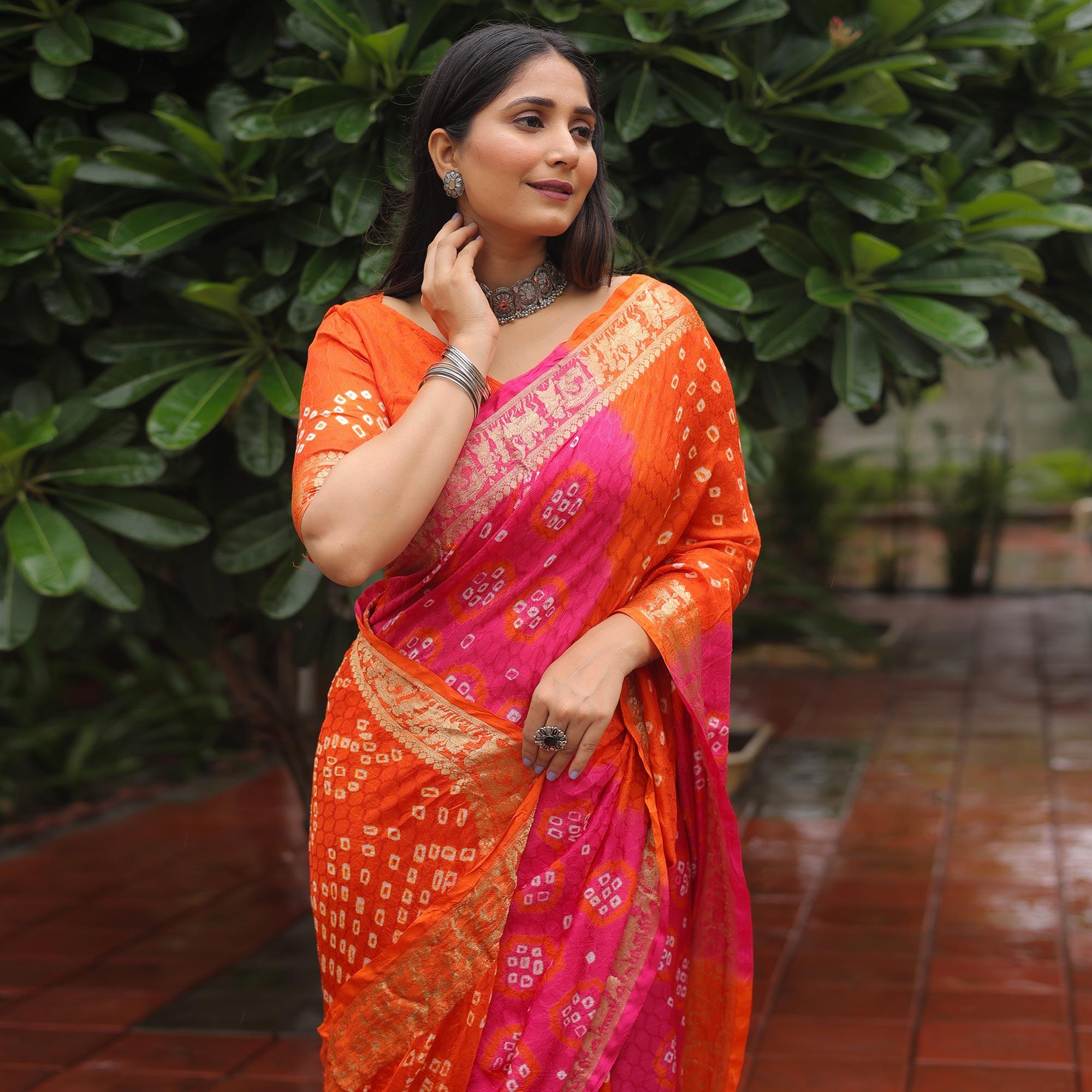 Orange Bandhani Printed With Woven Border Art Silk Saree - Peachmode