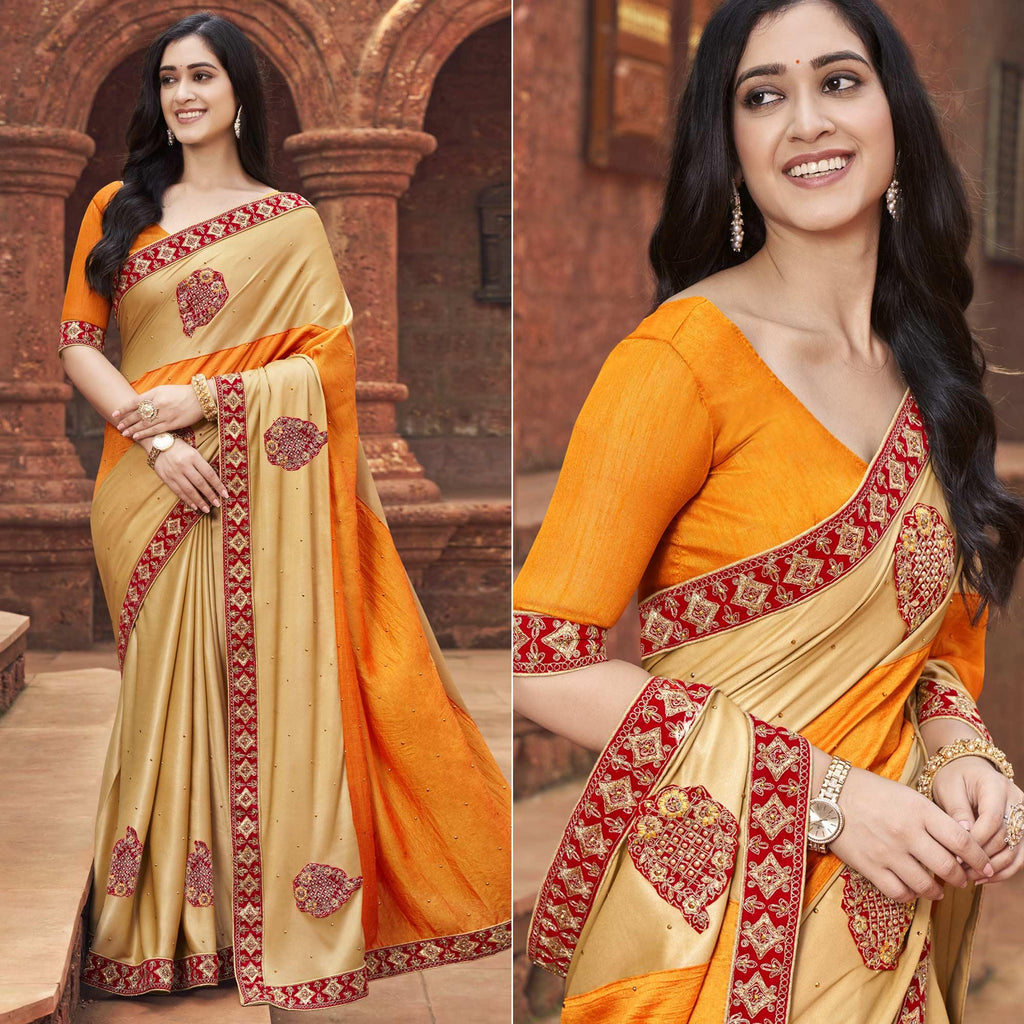 orange beige embroidered with embellished fancy fabric half and half saree peachmode