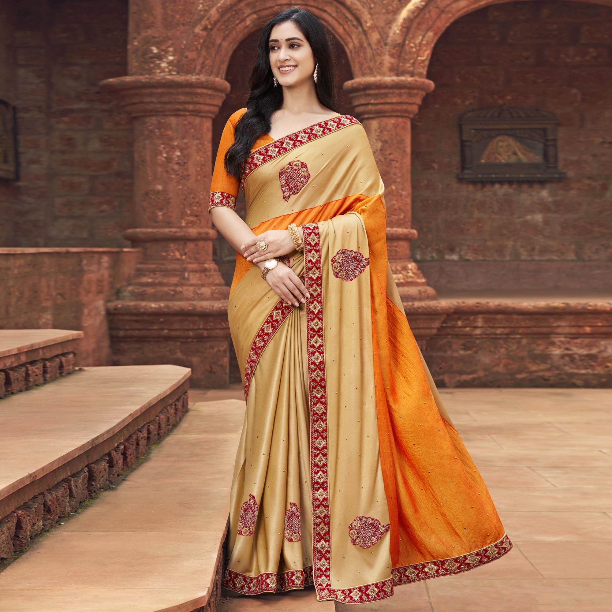 Orange-Beige Embroidered With Embellished Fancy Fabric Half & Half Saree - Peachmode