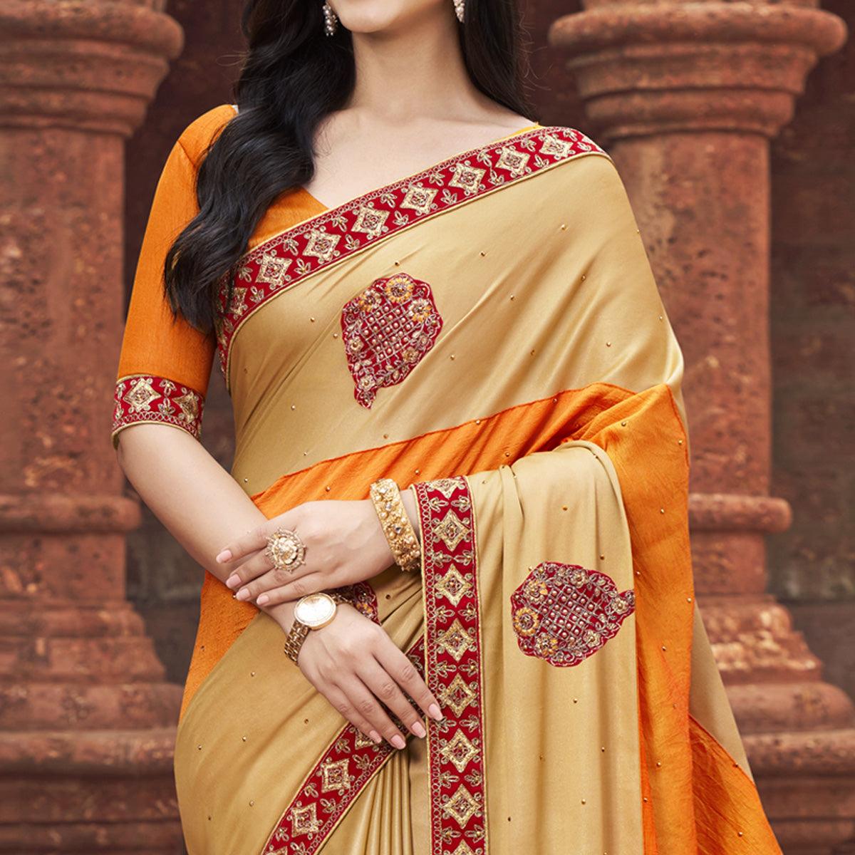 Orange-Beige Embroidered With Embellished Fancy Fabric Half & Half Saree - Peachmode