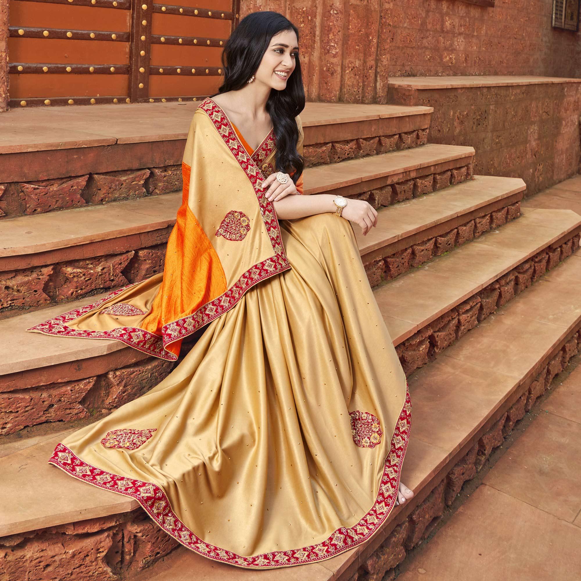 Orange-Beige Embroidered With Embellished Fancy Fabric Half & Half Saree - Peachmode