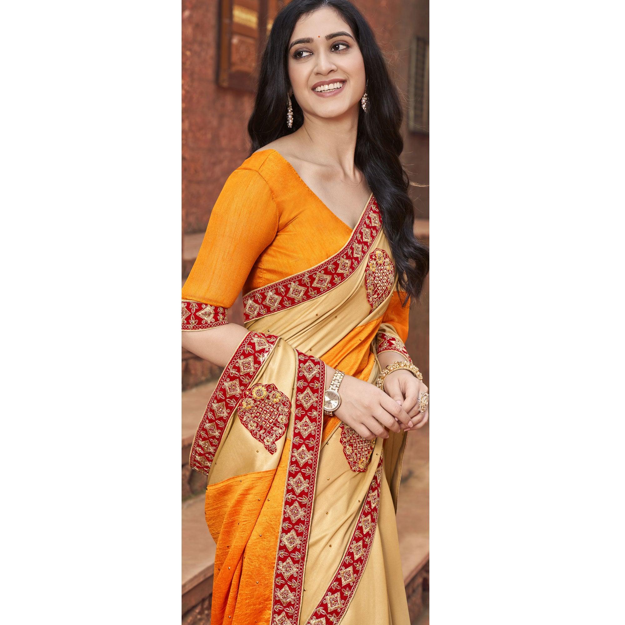 Orange-Beige Embroidered With Embellished Fancy Fabric Half & Half Saree - Peachmode