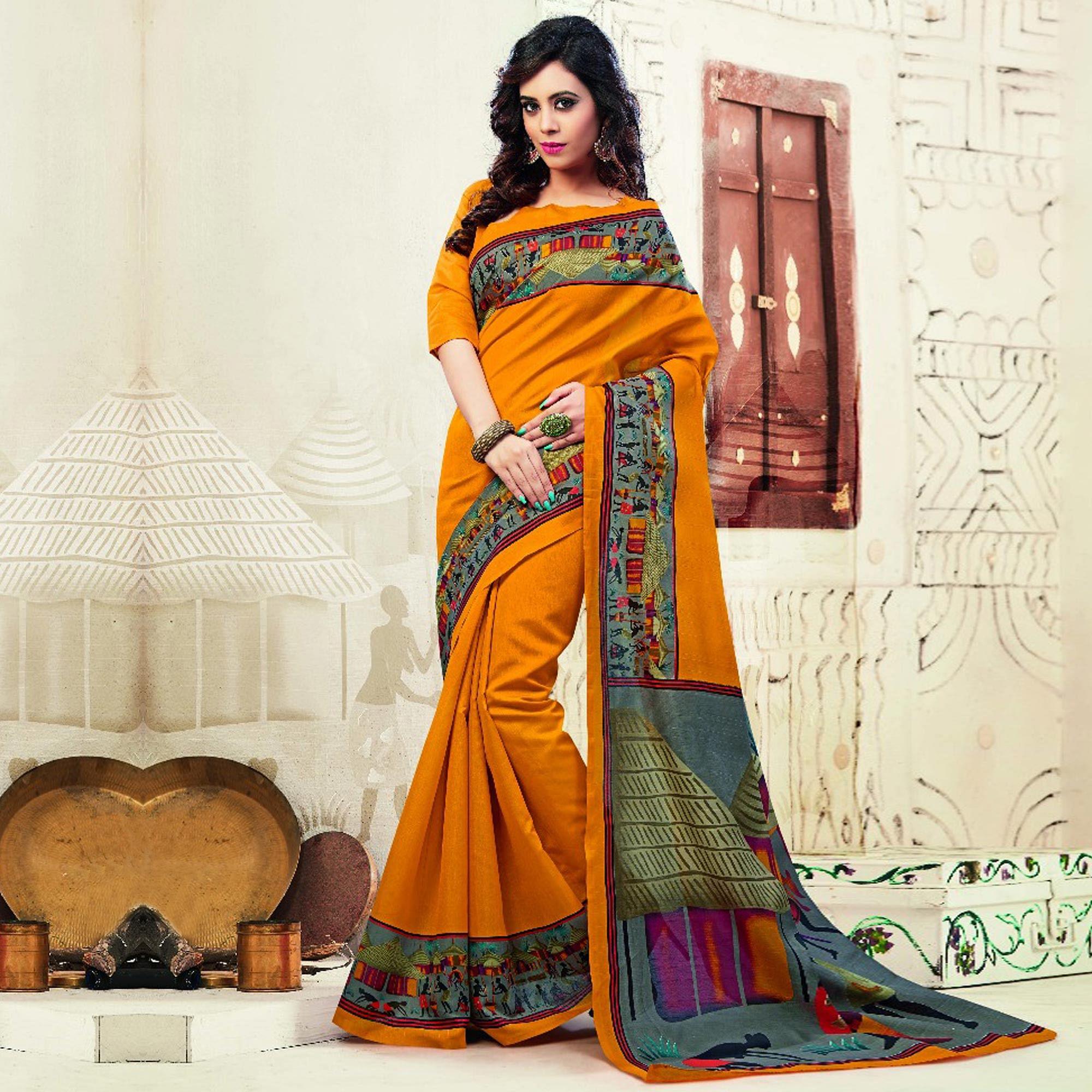 Orange Bhagalpuri Silk Printed Saree - Peachmode