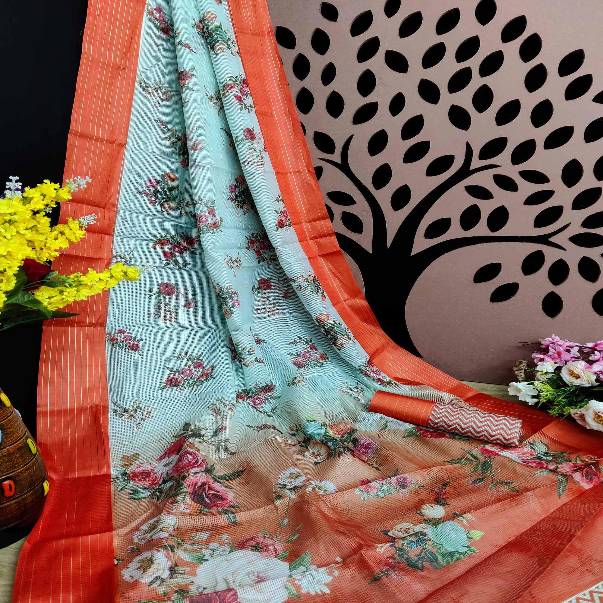 Orange-Blue Festive Wear Floral Digital Print With Woven Border Silk Saree - Peachmode
