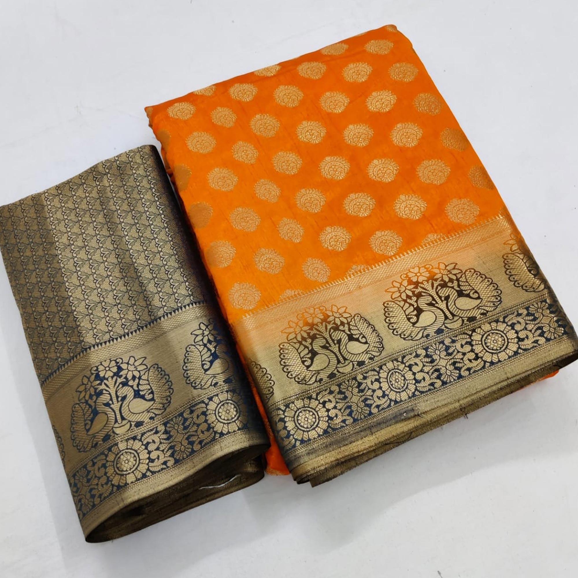 Orange-Blue Festive Wear Woven Zari Pallu Art Silk Saree - Peachmode