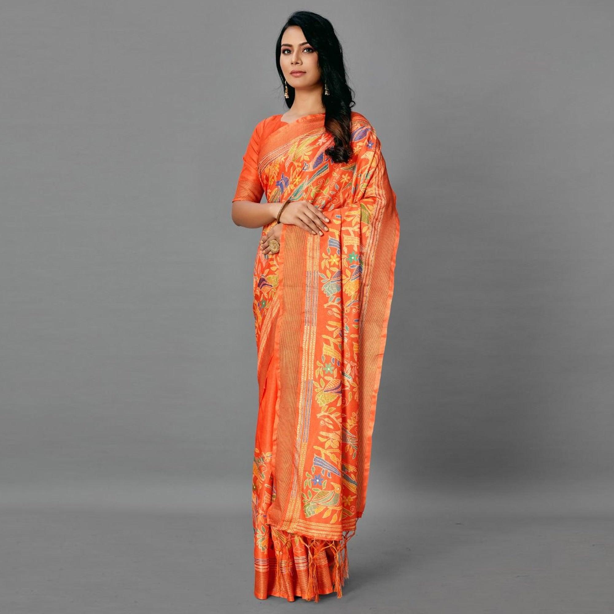 Orange Casual Art Silk Printed Saree With Unstitched Blouse - Peachmode