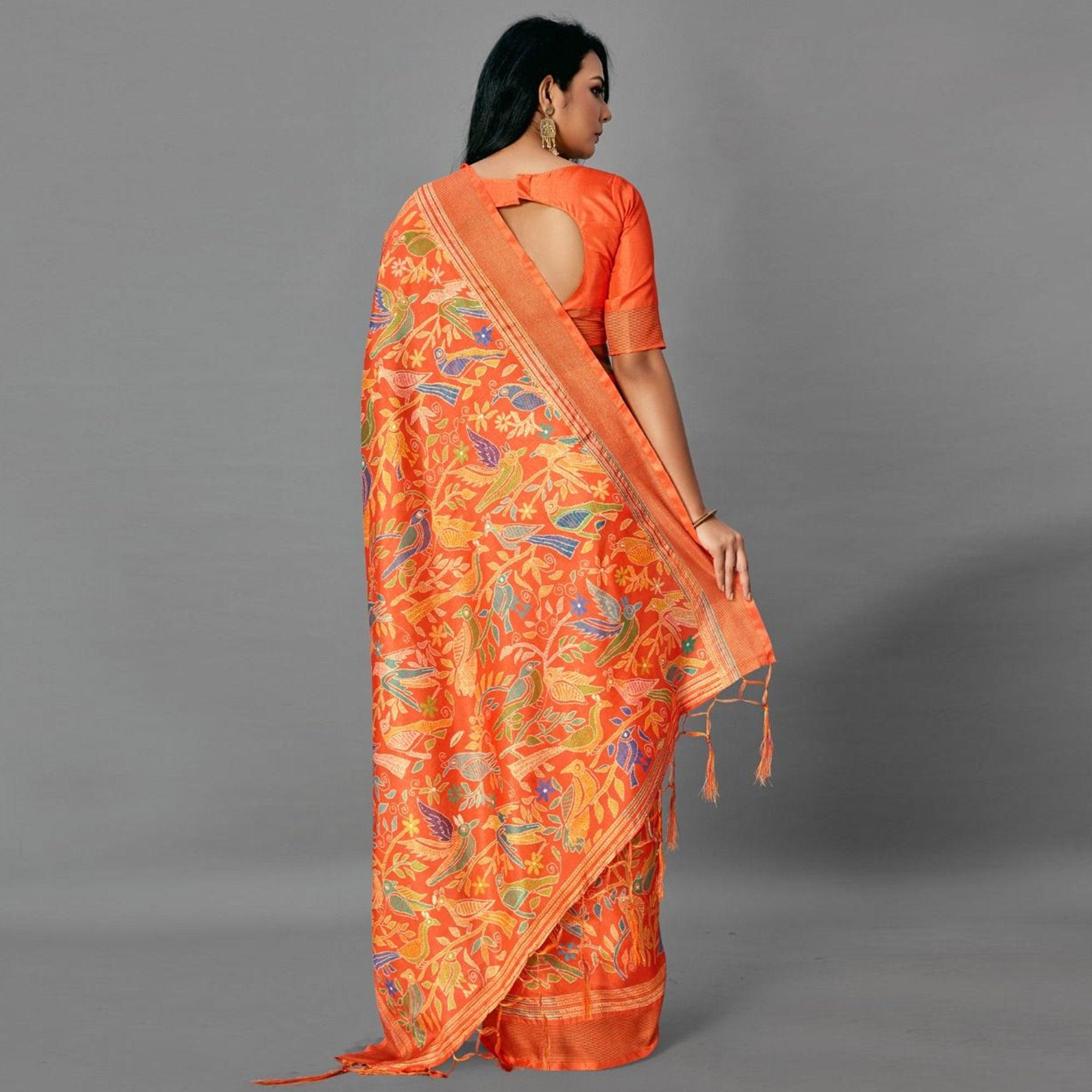 Orange Casual Art Silk Printed Saree With Unstitched Blouse - Peachmode