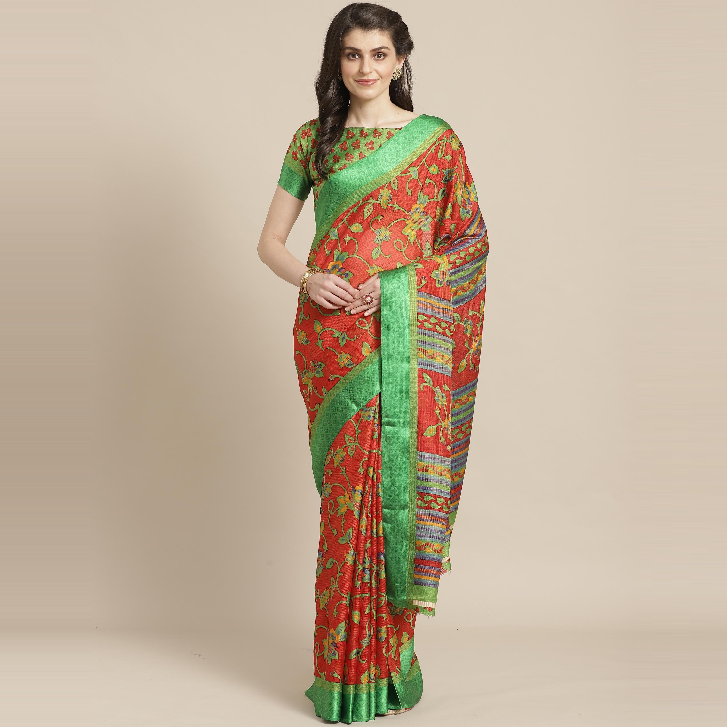 Orange Casual Brasso Printed Saree With Unstitched Blouse - Peachmode
