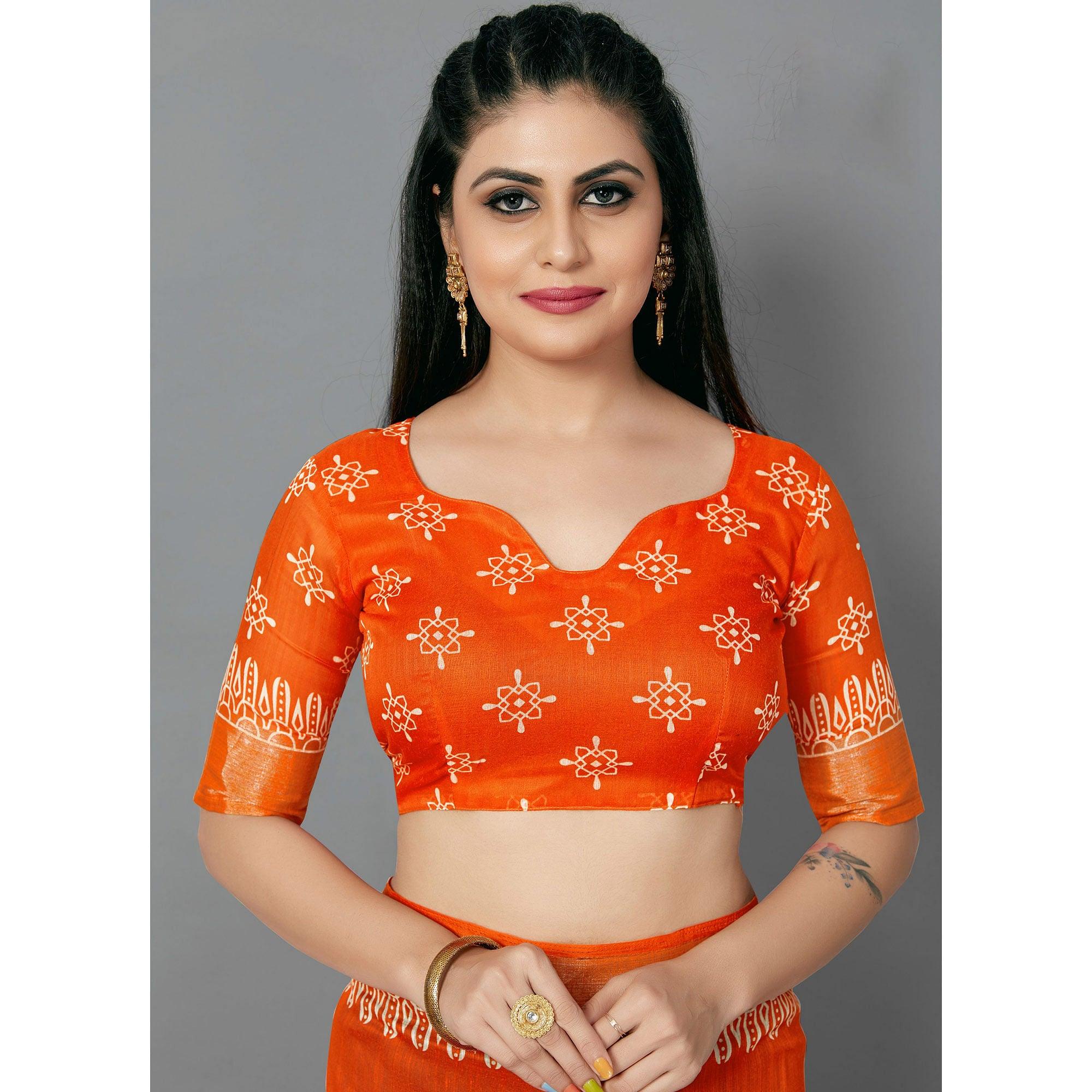 Orange Casual Cotton Printed Saree With Unstitched Blouse - Peachmode