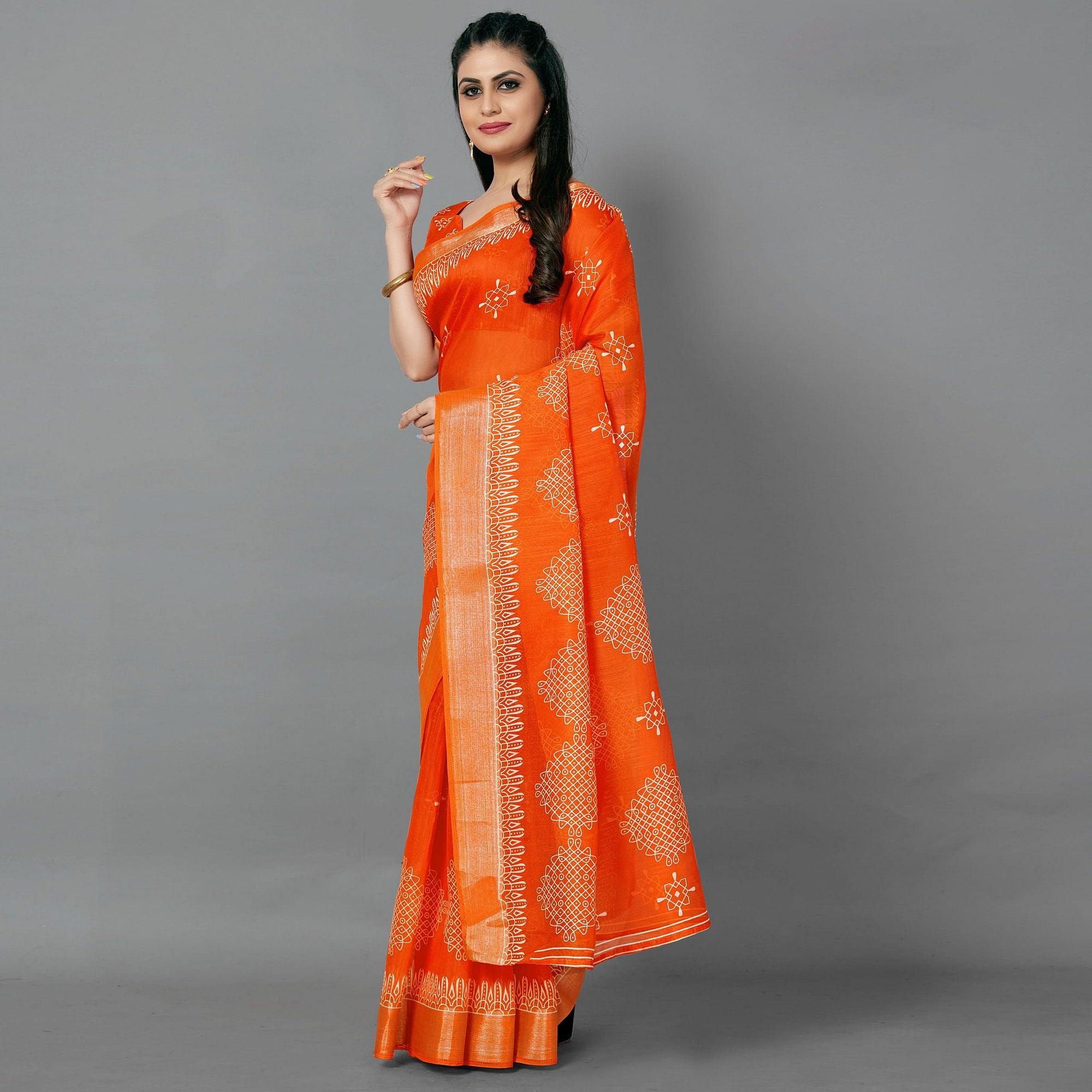 Orange Casual Cotton Printed Saree With Unstitched Blouse - Peachmode