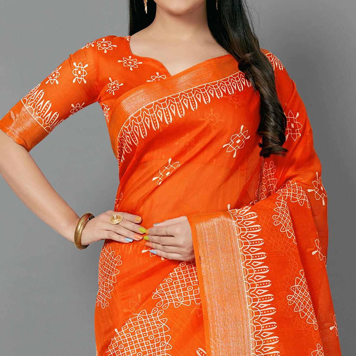 Orange Casual Cotton Printed Saree With Unstitched Blouse - Peachmode
