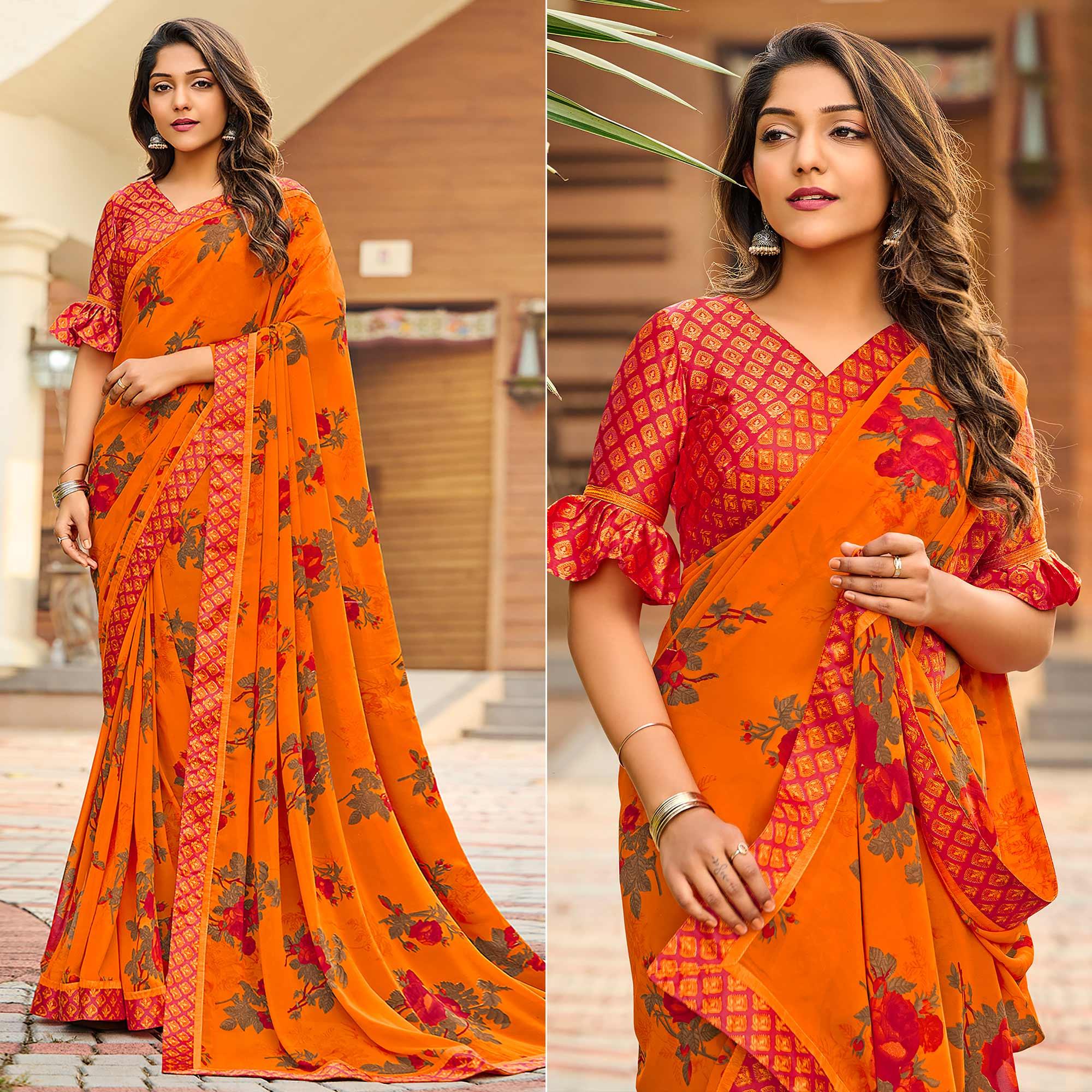 Orange Casual Floral Printed Georgette Saree - Peachmode