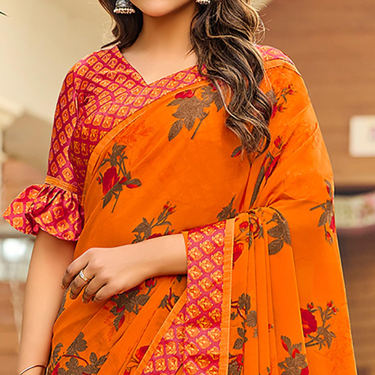 Orange Casual Floral Printed Georgette Saree - Peachmode