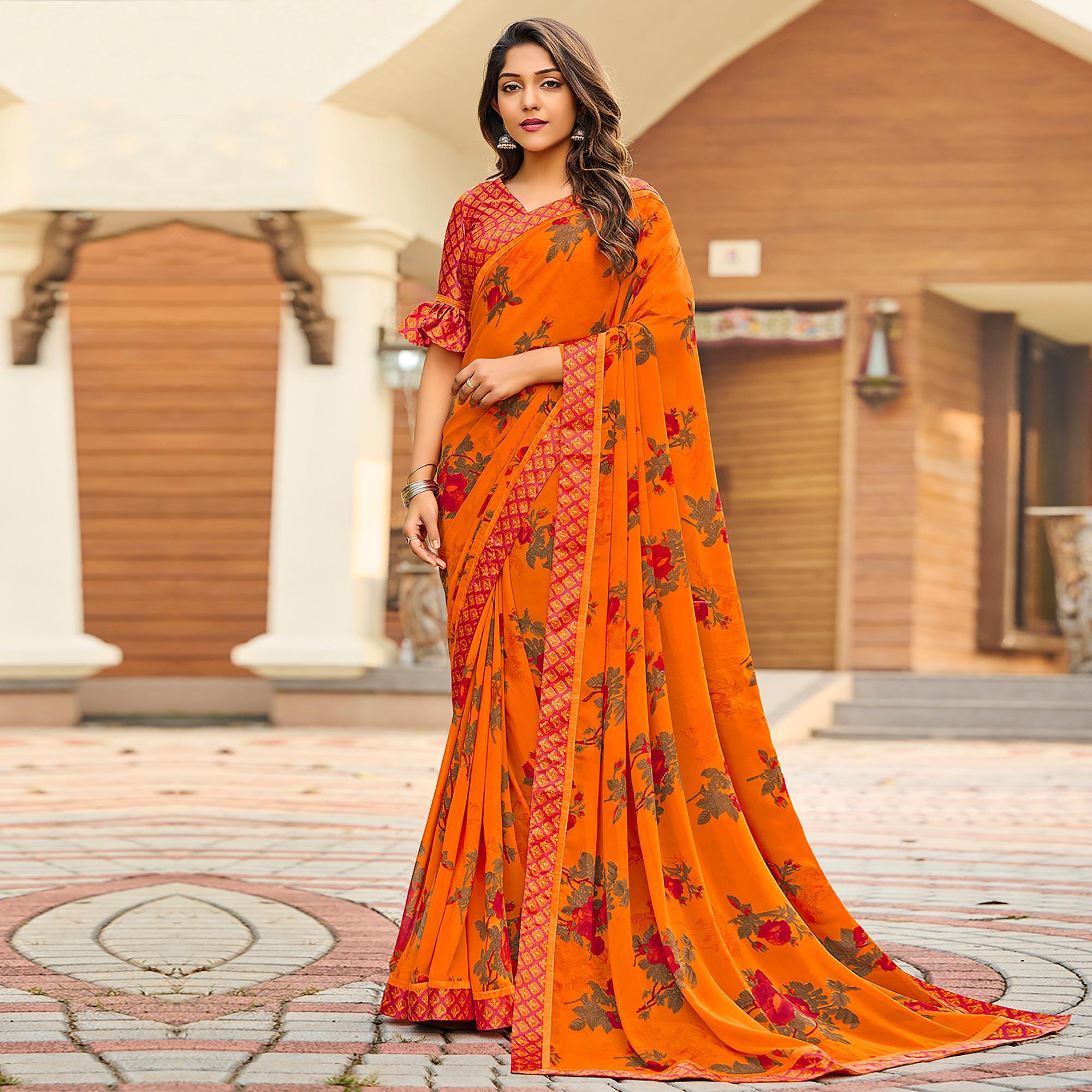 Orange Casual Floral Printed Georgette Saree - Peachmode