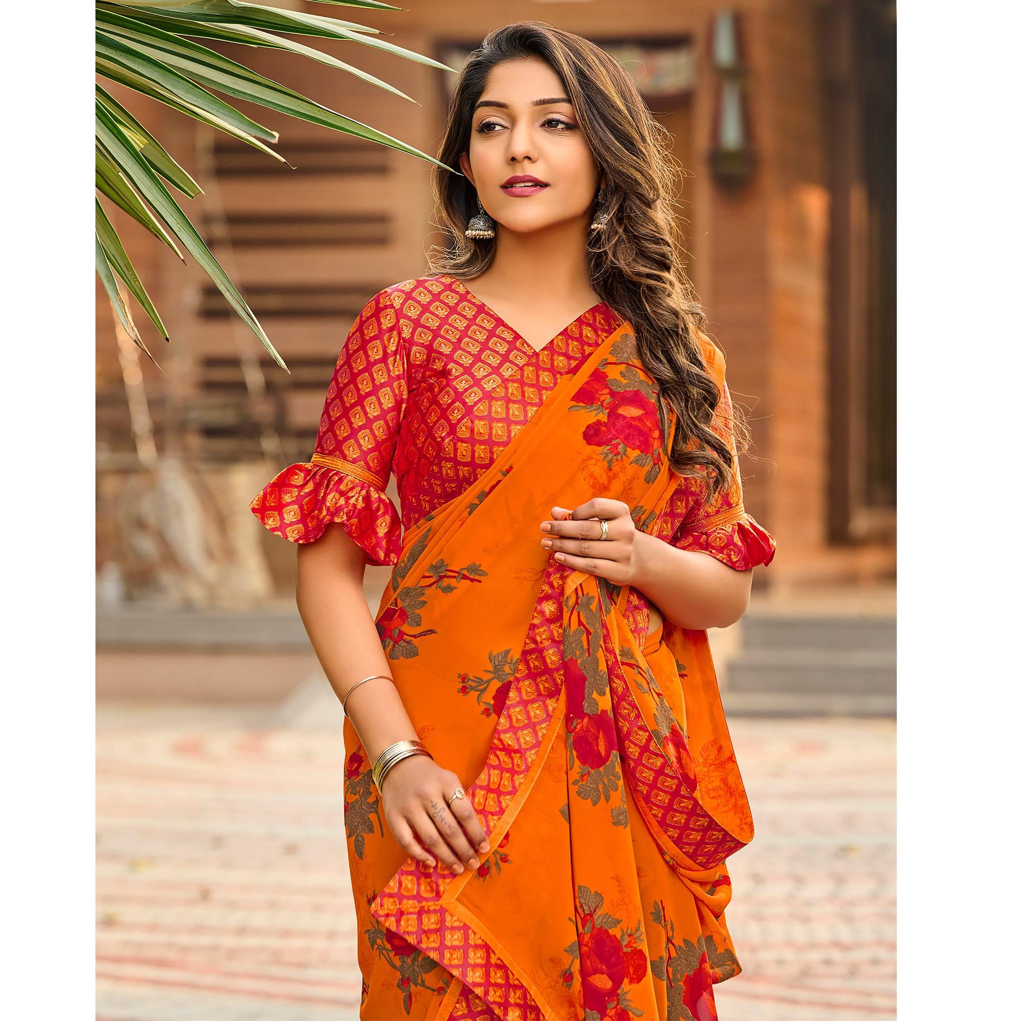Orange Casual Floral Printed Georgette Saree - Peachmode