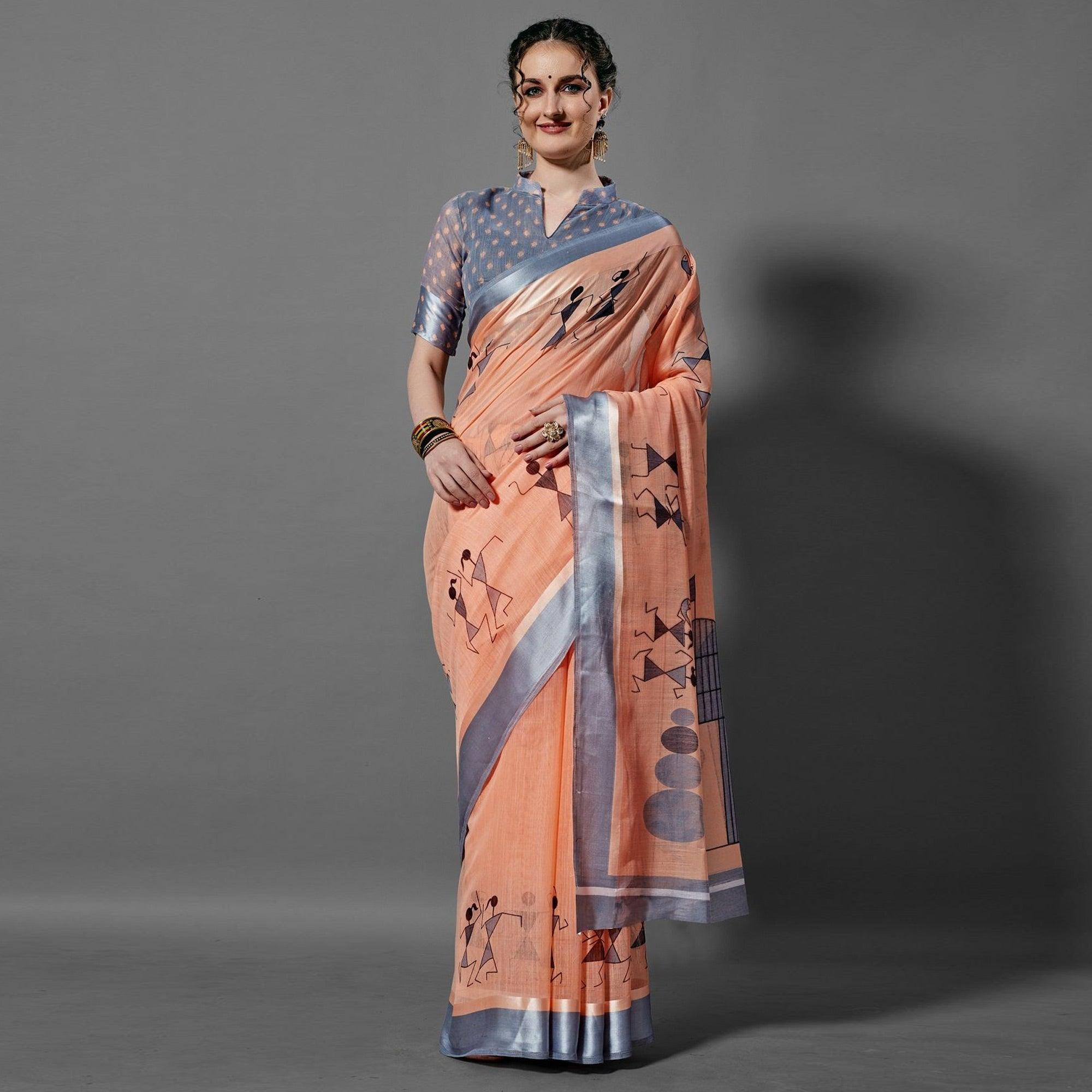 Orange Casual Linen Printed Saree With Unstitched Blouse - Peachmode