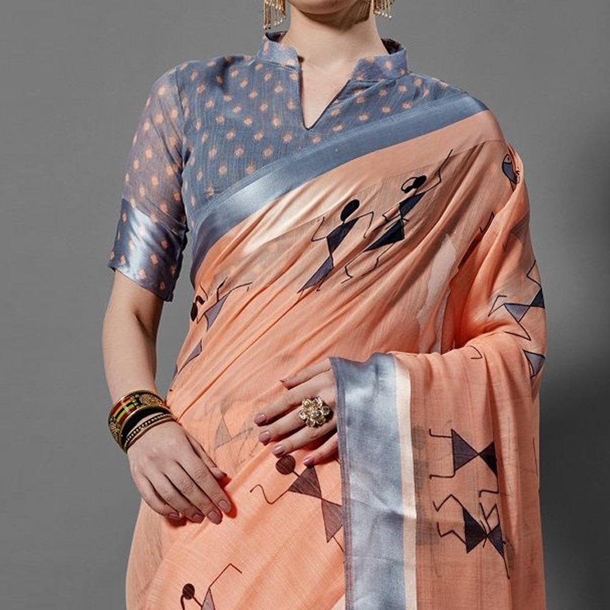 Orange Casual Linen Printed Saree With Unstitched Blouse - Peachmode