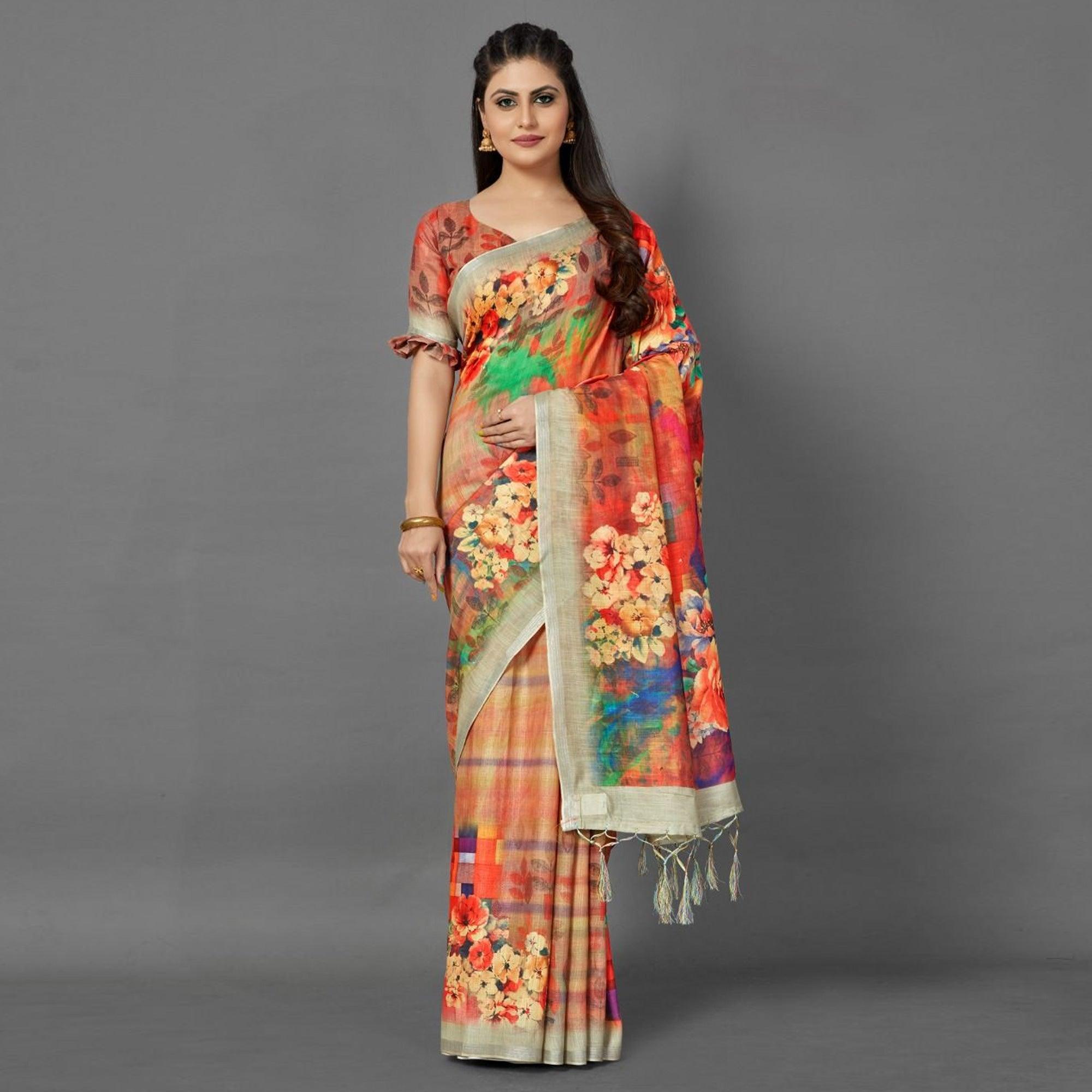 Orange Casual Pure Linen Digital Print Saree With Unstitched Blouse - Peachmode