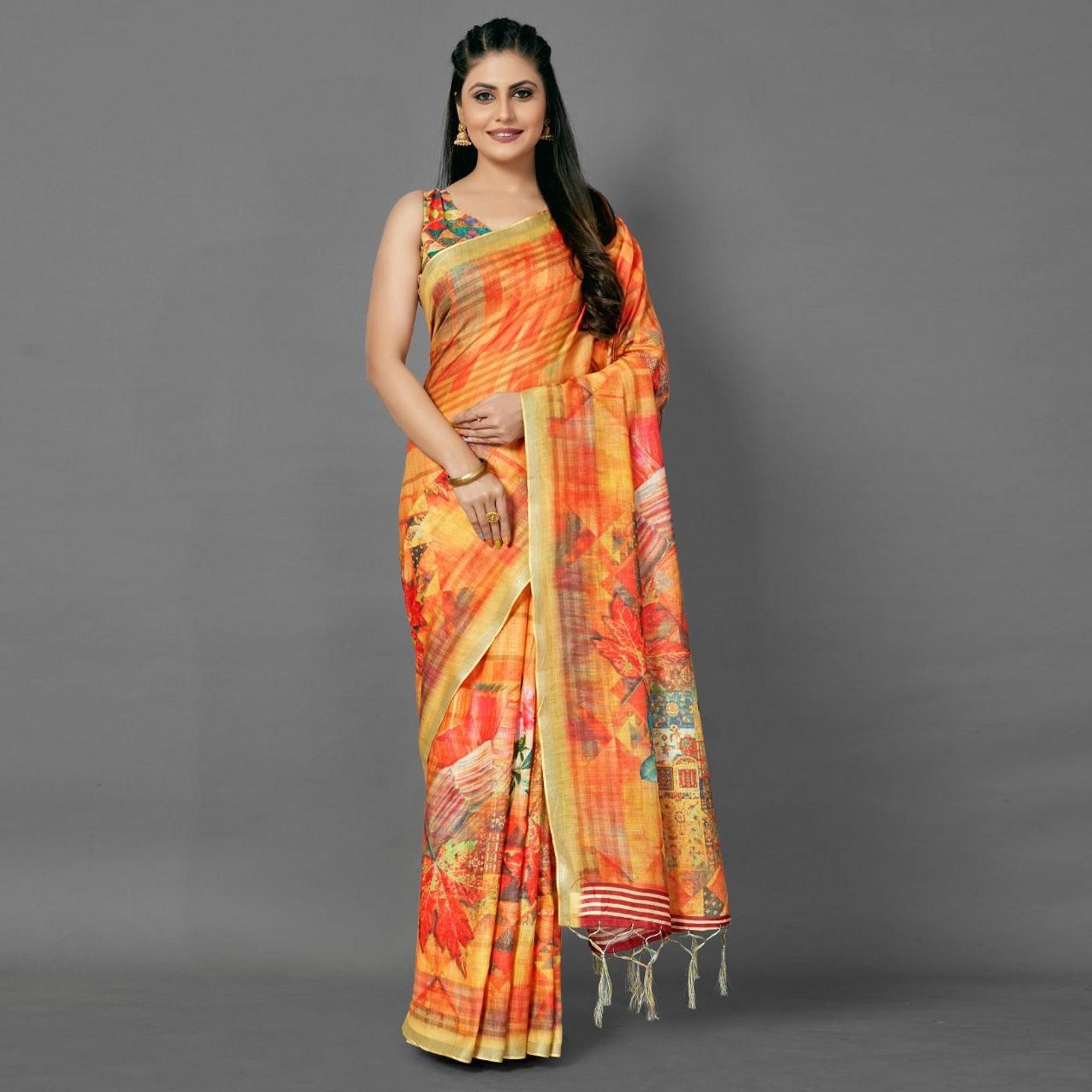 Orange Casual Pure Linen Digital Print Saree With Unstitched Blouse - Peachmode