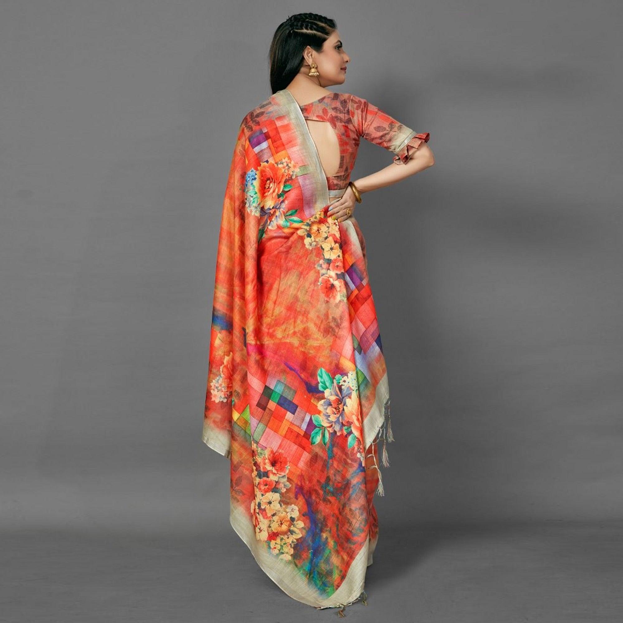 Orange Casual Pure Linen Digital Print Saree With Unstitched Blouse - Peachmode